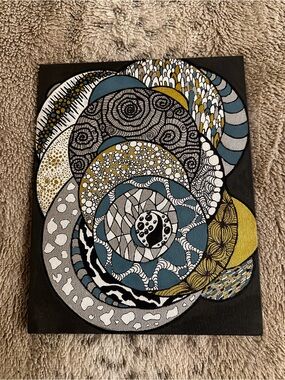 Original abstract Layered Circles Wall Art in Teal, gold, Black, White and grey